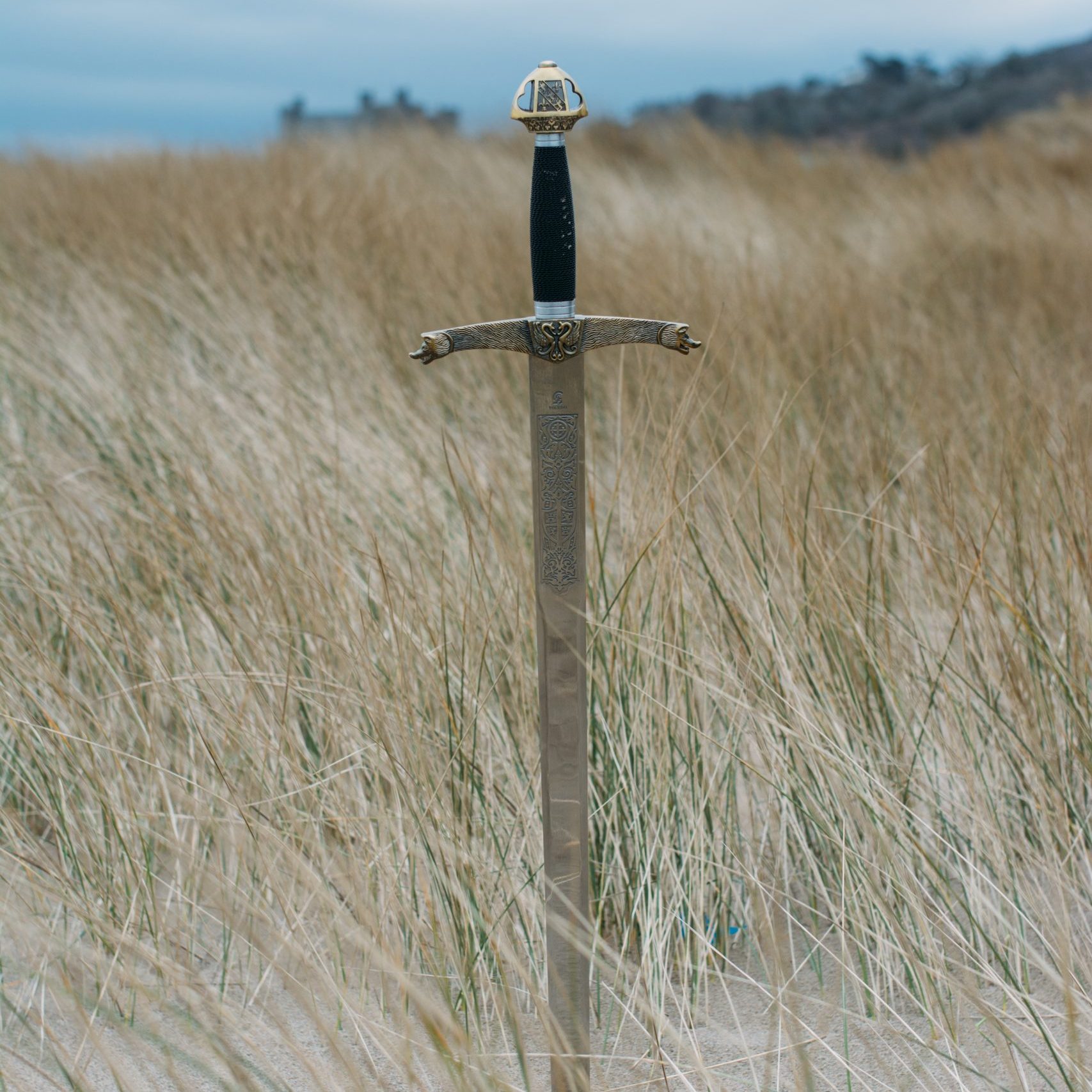 A vertical shot of a sword in the sandy beach